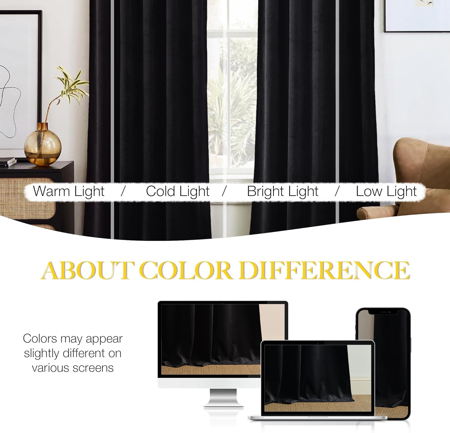 Rich black velvet curtains in a home setting, demonstrating their appearance under different lighting.