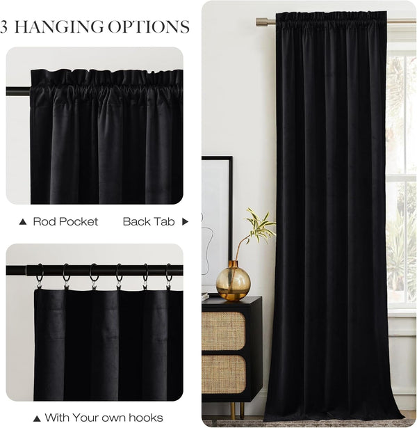 Elegant black velvet curtain panel displaying rod pocket, back tab, and hook hanging options.