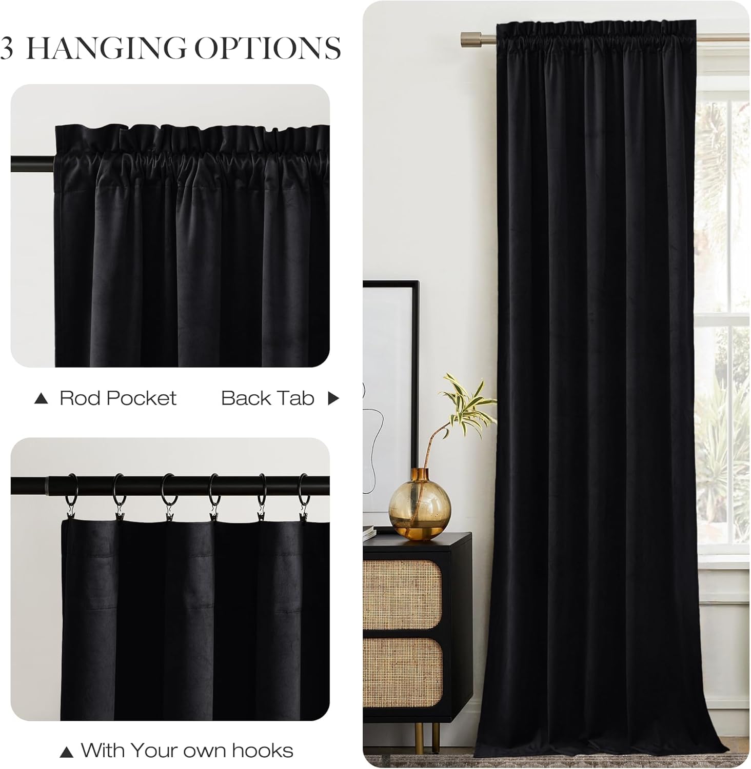 Black velvet curtain panel showing three hanging options: rod pocket, back tab, and hooks. Draped in a room.