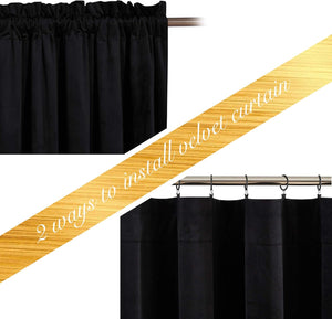 Black velvet curtains. Top view shows gathered rod pocket; bottom shows hanging with clip rings on rod.