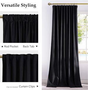 Full-length black fabric curtain with versatile hanging options: rod pocket and back tab, shown on a gold rod.