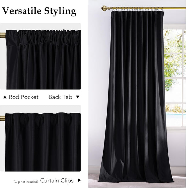 Full-length black fabric curtain with versatile hanging options: rod pocket and back tab, shown on a gold rod.