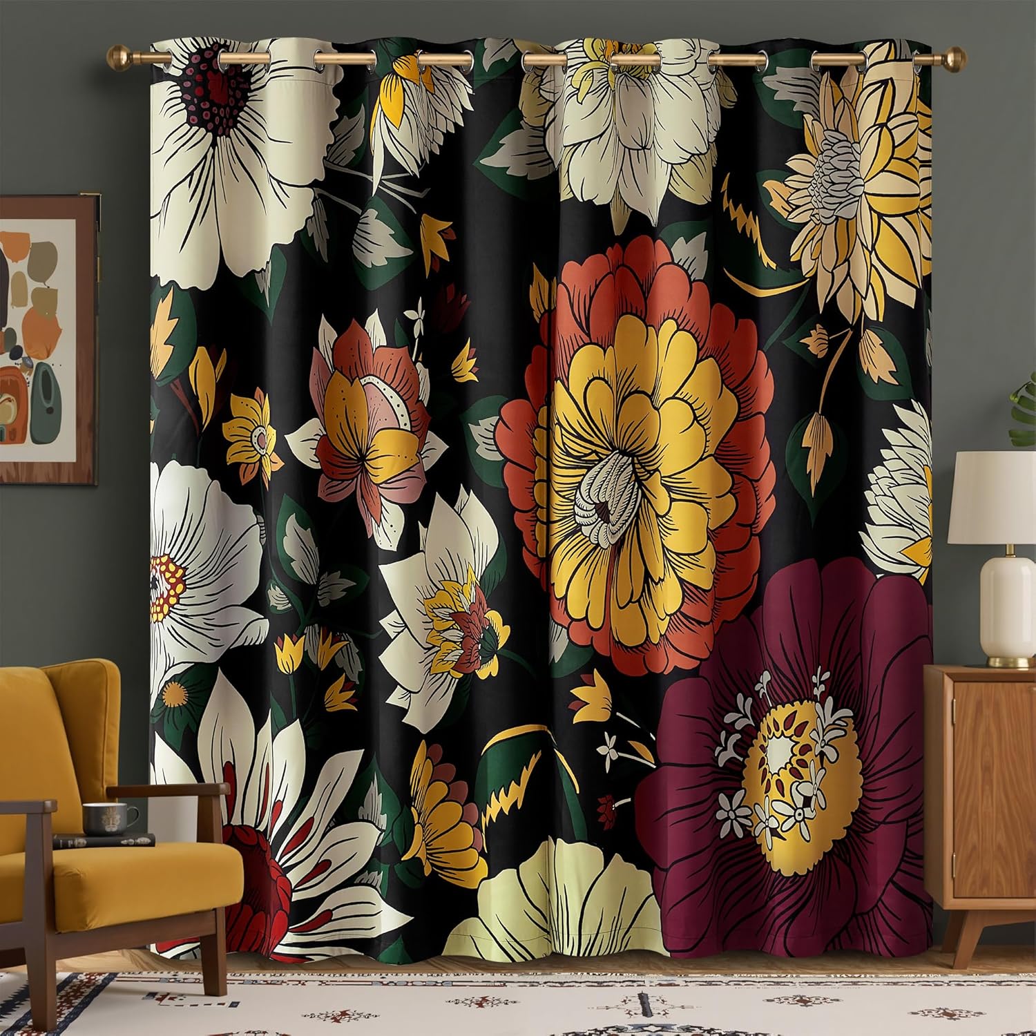 Black curtains with vibrant yellow, orange, red, and white floral pattern and gold grommet top.