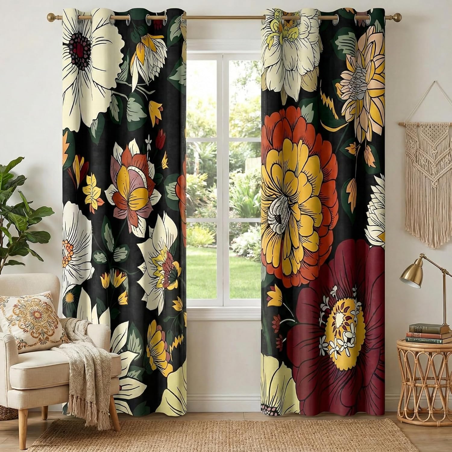 Black curtains with large, vibrant multicolored floral patterns in yellow, orange, and red, featuring a grommet top.