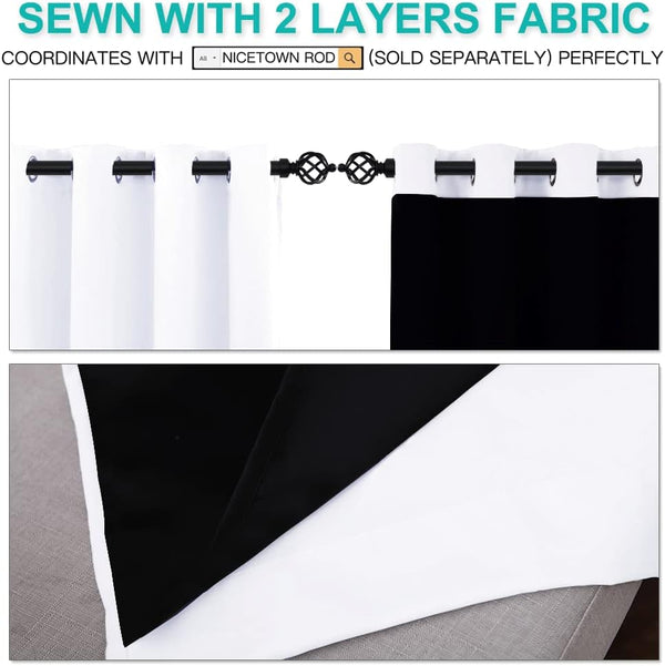 White and black two-layer blackout curtains with grommet tops on a decorative rod. Dual fabric layers visible.