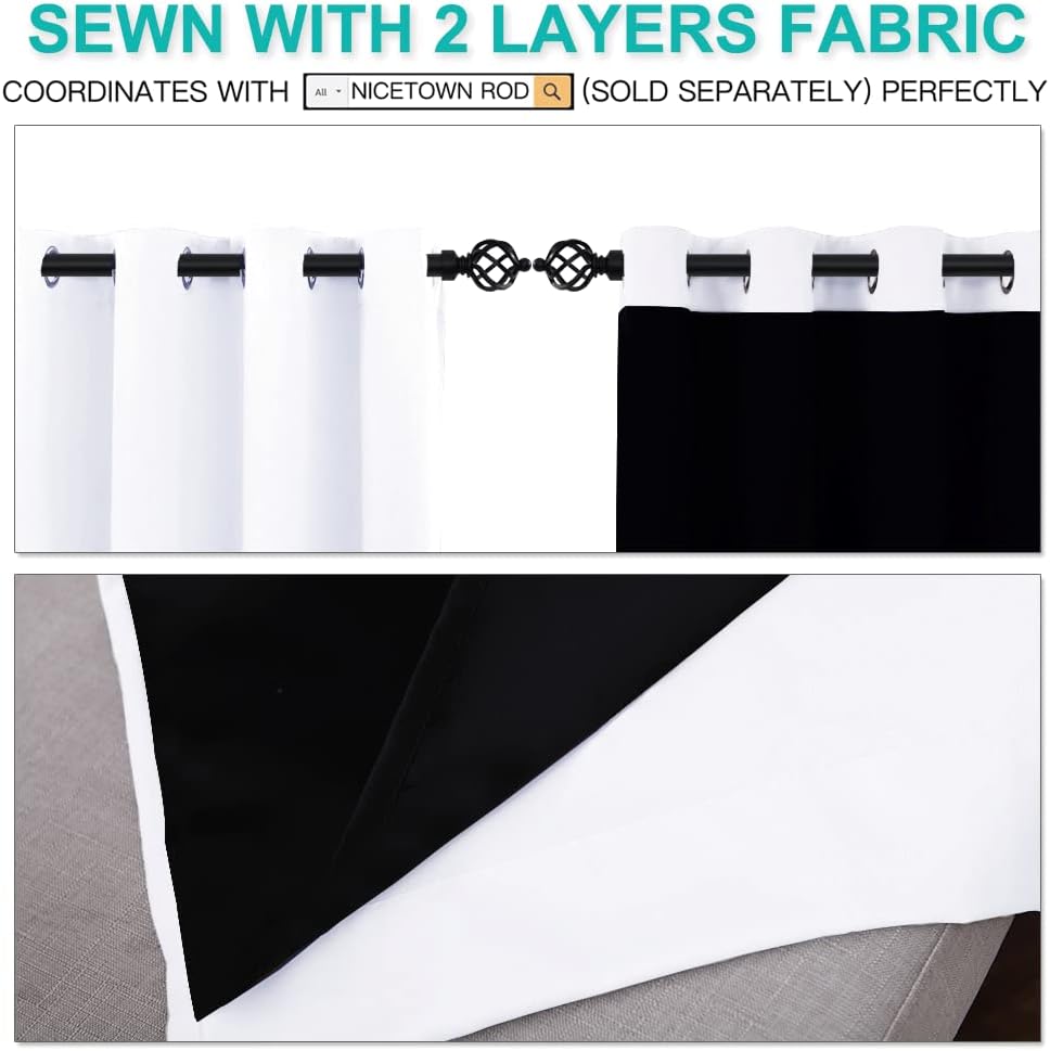 White and black two-layer blackout curtains with grommet tops on a decorative rod. Dual fabric layers visible.