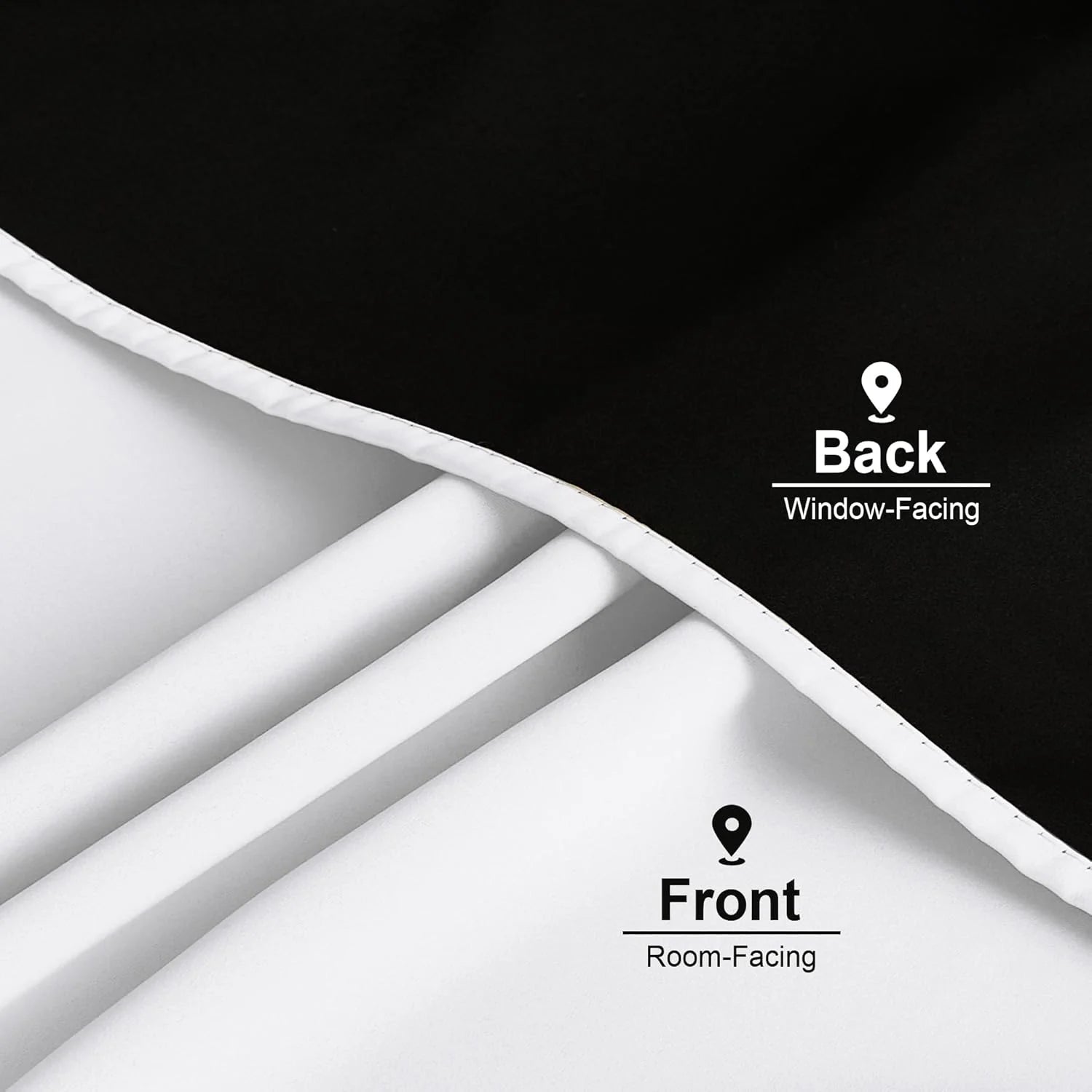 Close-up of blackout curtain fabric showing black window-facing back and white front