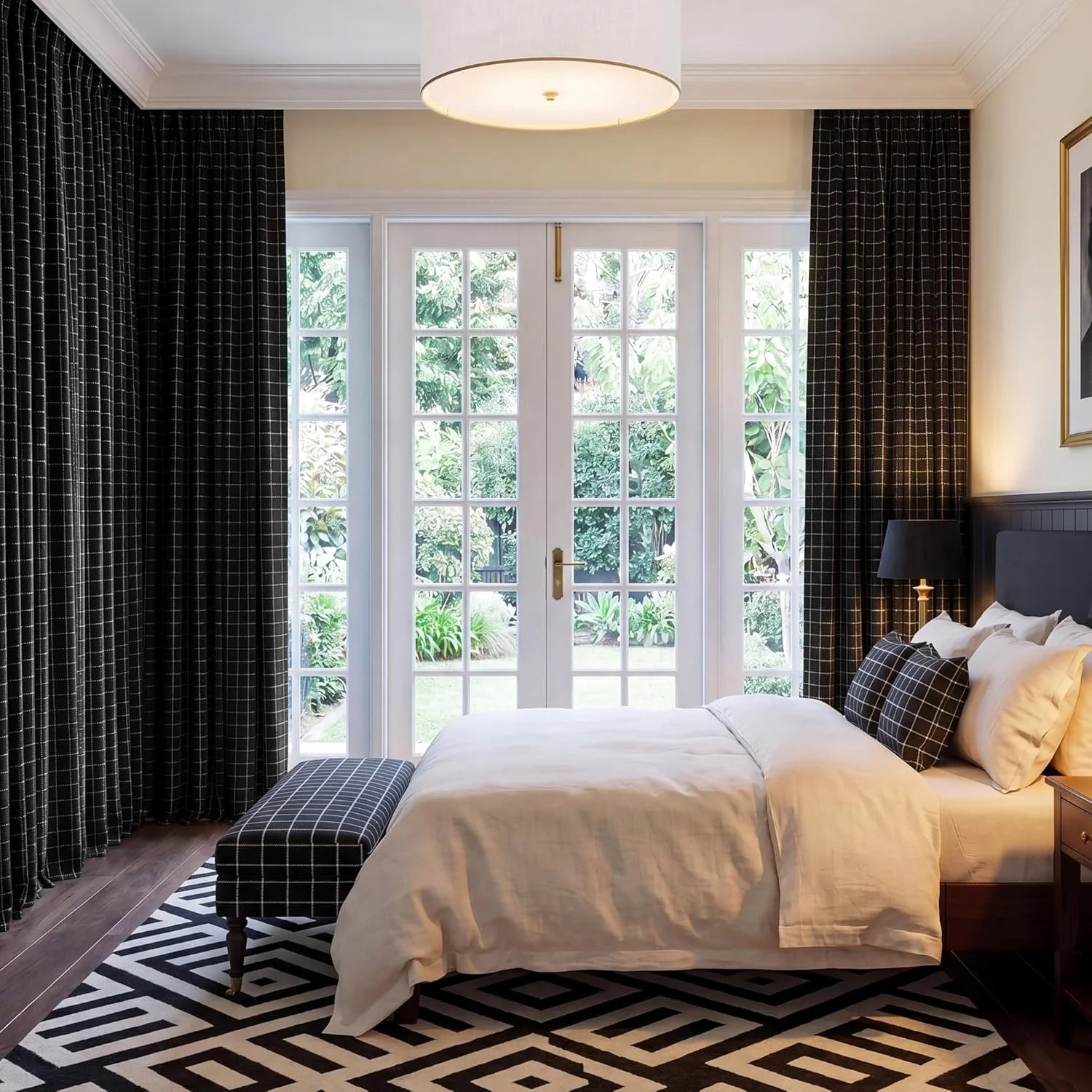 Modern bedroom with black and white checked curtains framing french doors, white bed, and geometric rug.