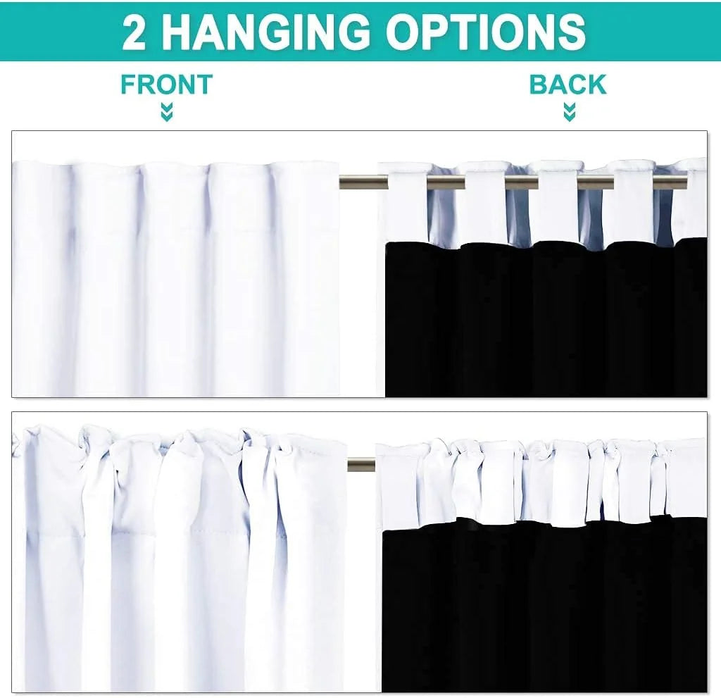 Diagram showing front and back hanging options for black and white curtain panels