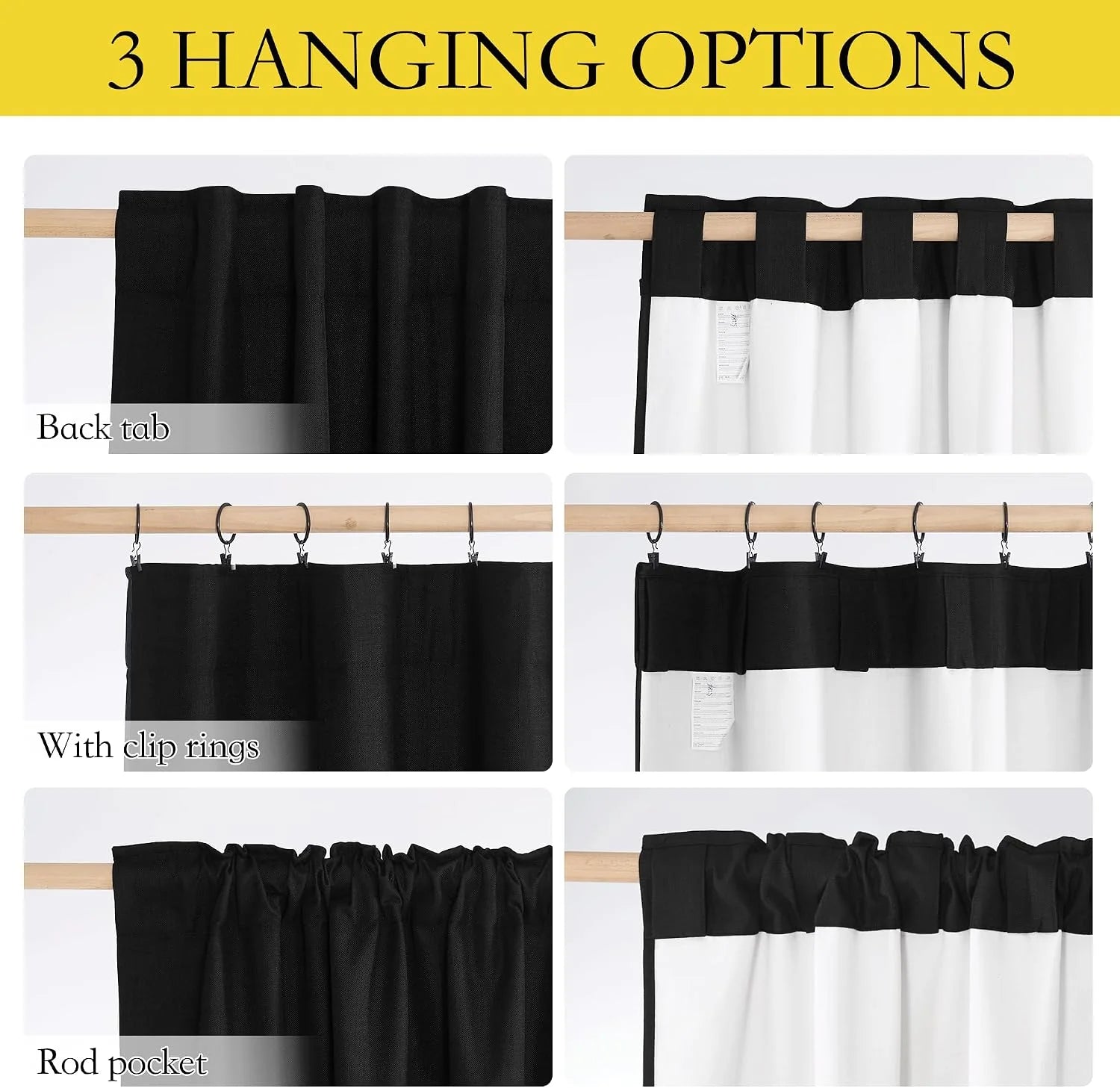 Chart showing three curtain hanging options: back tab, clip rings, and rod pocket