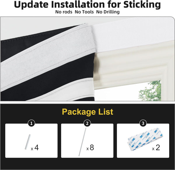 Black and white striped no-drill window blind, with 3M adhesive tape and support rods for installation.