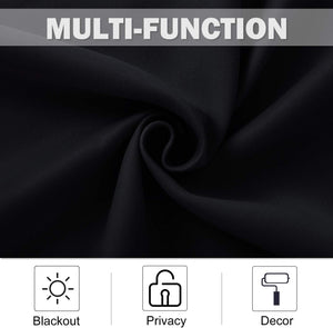 Close-up of black woven blackout fabric, highlighting its dense texture for privacy and light blocking.