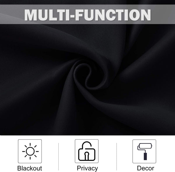 Close-up of black woven blackout fabric, highlighting its dense texture for privacy and light blocking.