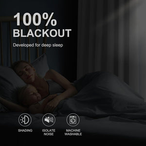 Dark room from blackout curtains for deep sleep. Offers shading, noise isolation, machine washable.
