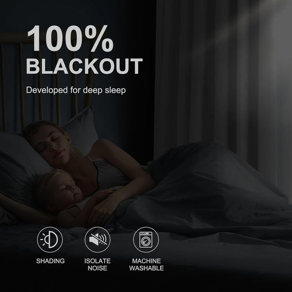 Dark room from blackout curtains for deep sleep. Offers shading, noise isolation, machine washable.