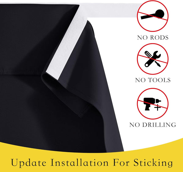 Close-up of black blackout blind with white adhesive strip for easy no-drill installation