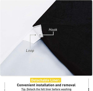 Close-up of white hook and loop fastener connecting white fabric to black felt detachable liner.