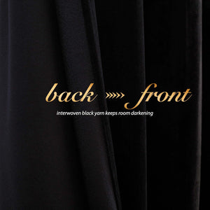 Blackout curtain fabric, back and front, with interwoven black yarn for effective room darkening.