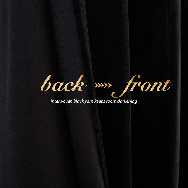 Blackout curtain fabric, back and front, with interwoven black yarn for effective room darkening.