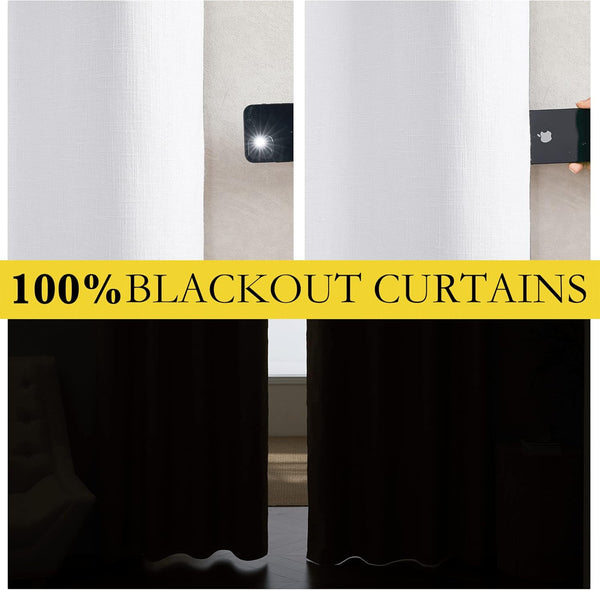 Blackout curtain demonstration: white textured fabric blocks light, dark curtains darken room.