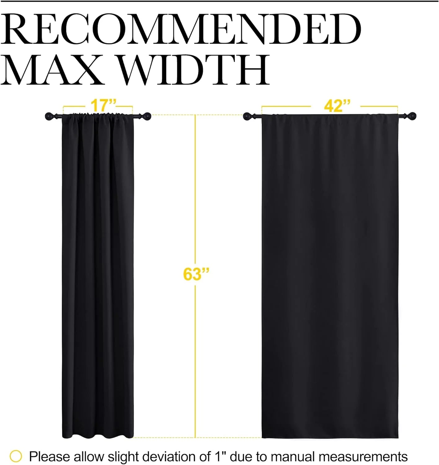 Graphic comparing two black curtains, 17 and 42 inches wide, with 63-inch length
