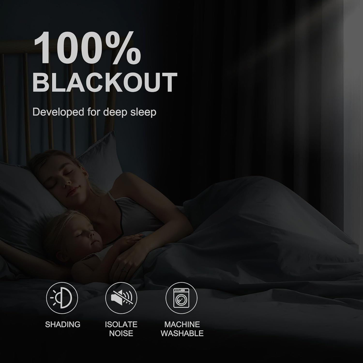 Mother and child sleeping soundly in a dark room, illustrating 100% blackout curtains for deep sleep and noise isolation.