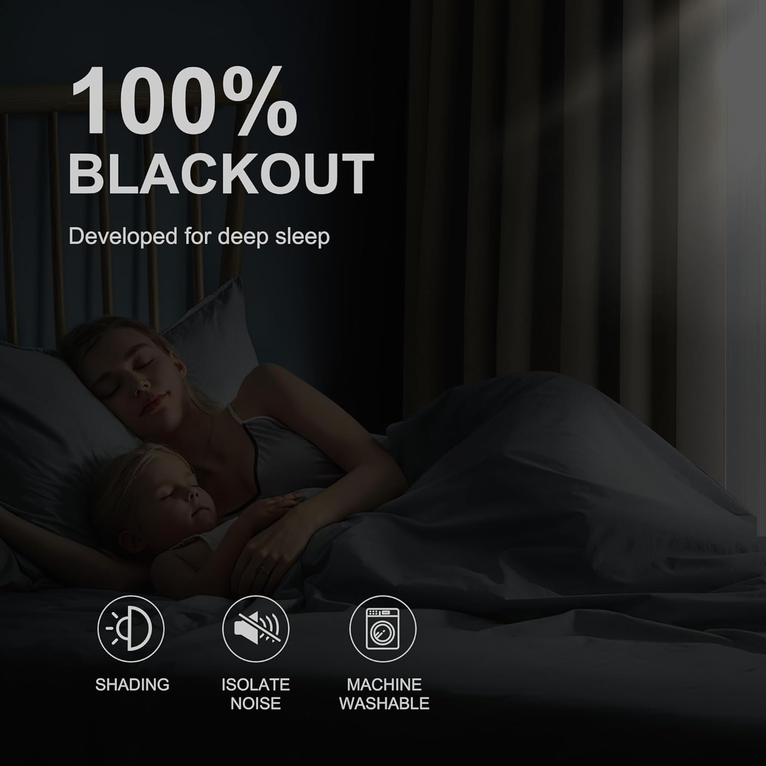 Mother and child sleeping soundly in dark room from blackout curtains, featuring noise isolation.