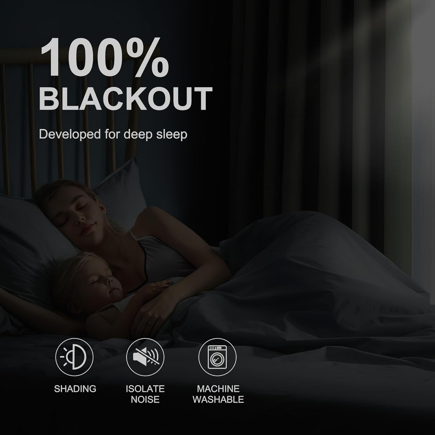 Darkened bedroom scene showing mother and child sleeping soundly thanks to 100% blackout curtains that also isolate noise.