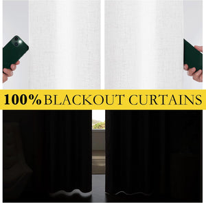 White textured blackout curtain sample blocking flashlight. Dark curtains completely darken a room.
