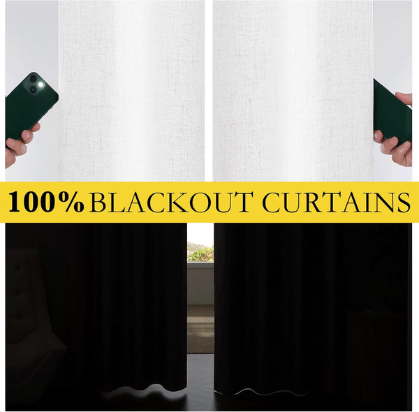 White textured blackout curtain sample blocking flashlight. Dark curtains completely darken a room.