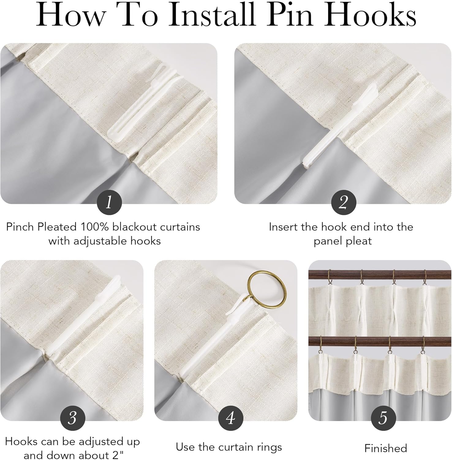 Close-up of light beige pinch-pleated blackout curtain installation guide with white pin hooks.