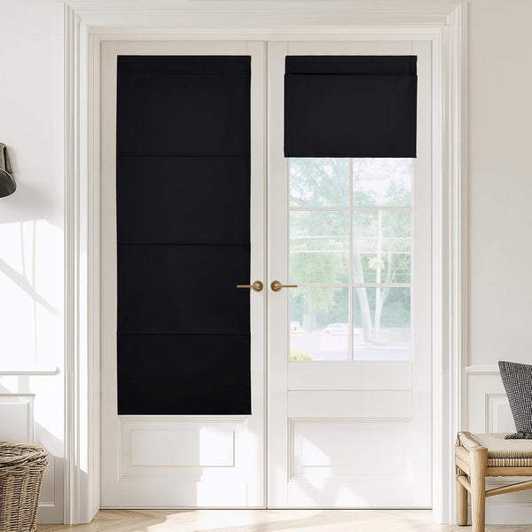 Black blackout fabric roman shades on white French doors. One extended for privacy, other partially open.