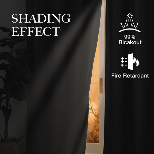 Dark grey blackout curtain demonstrates 99% light blocking. Fire retardant feature. Bright light from open door.