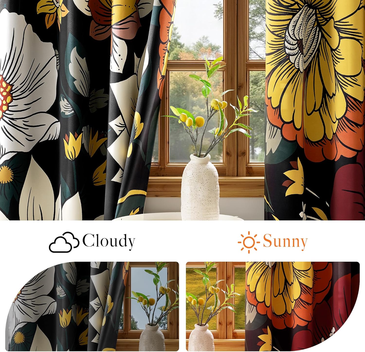 Blackout curtains with large abstract floral pattern on black, featuring white, yellow, orange flowers.