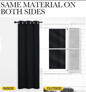 Black blackout curtain with silver grommets, showing consistent material appearance from inside and outside a window.