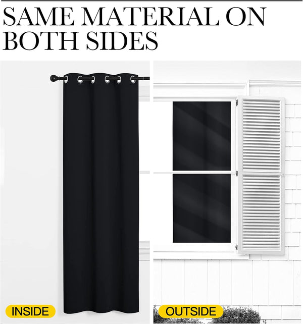 Black blackout curtain with silver grommets, showing consistent material appearance from inside and outside a window.