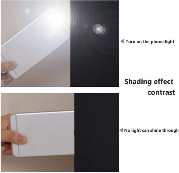 Comparison shows black material blocking light. Top: phone light shines through. Bottom: no light penetrates.