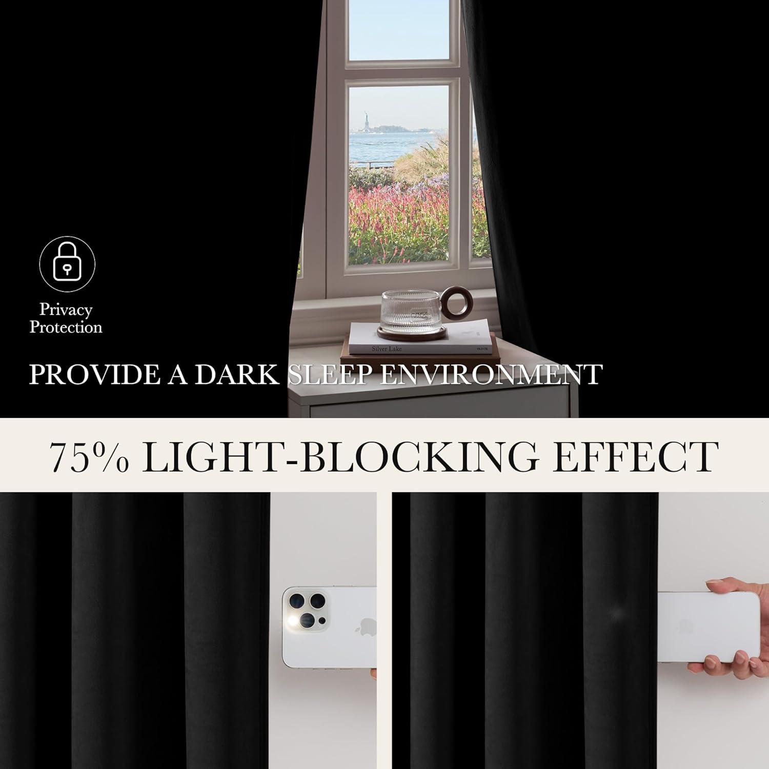 Solid black blackout curtains for privacy and dark sleep. Demonstrates 75% light-blocking with phone flashlight test.