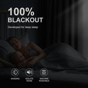 Sleeping mother and child in dark room with 100% blackout curtains, offering shading and noise isolation.