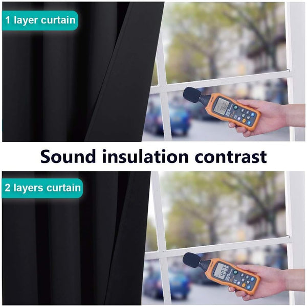 Blackout curtains with sound meter showing insulation. 76.2 dB with one layer, 49.7 dB with two.