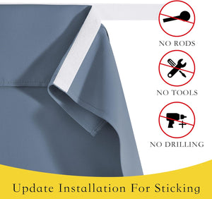 Slate blue window blind with white adhesive strip for easy, no-drill installation.