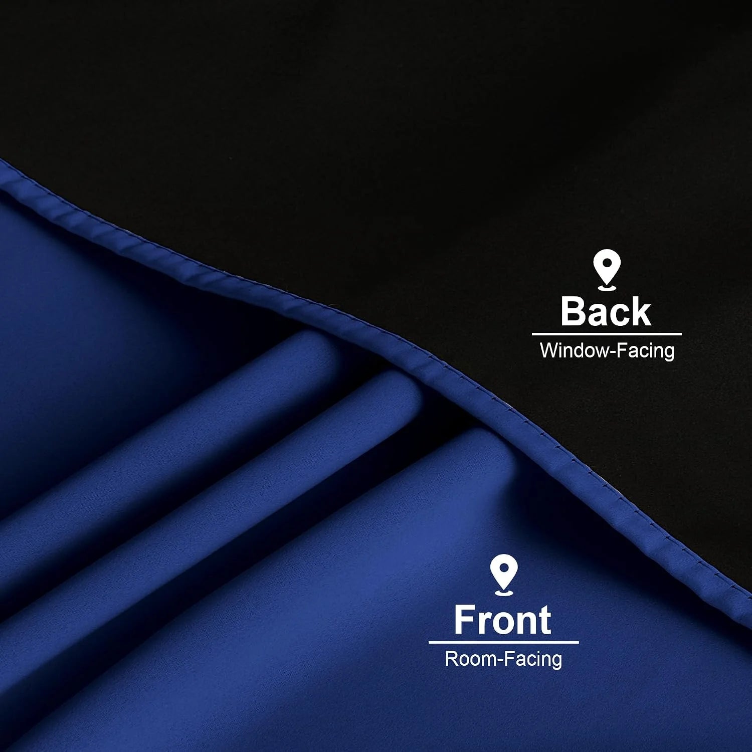 Close-up of blue blackout curtain fabric with black window-facing backing