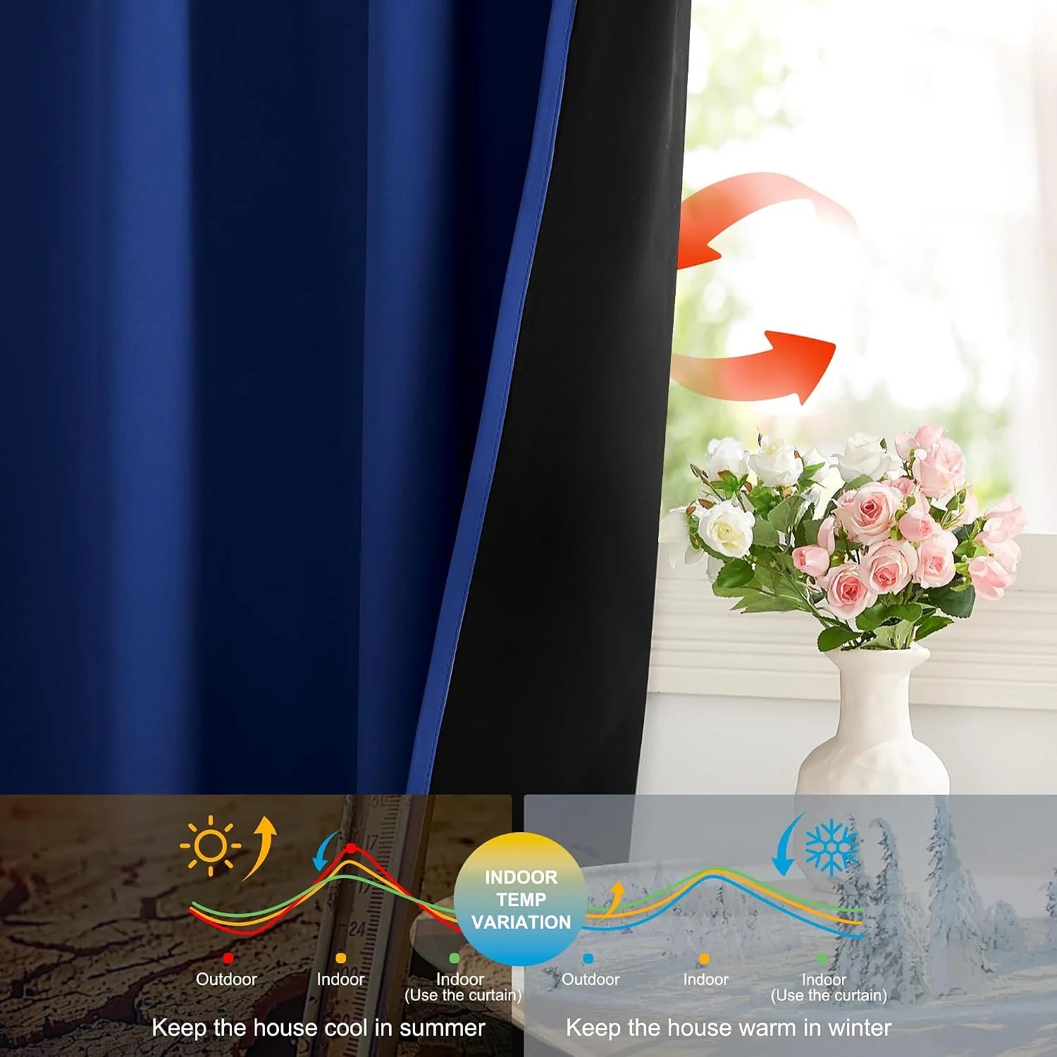 Blue blackout curtain with black thermal backing shown beside a bright window
