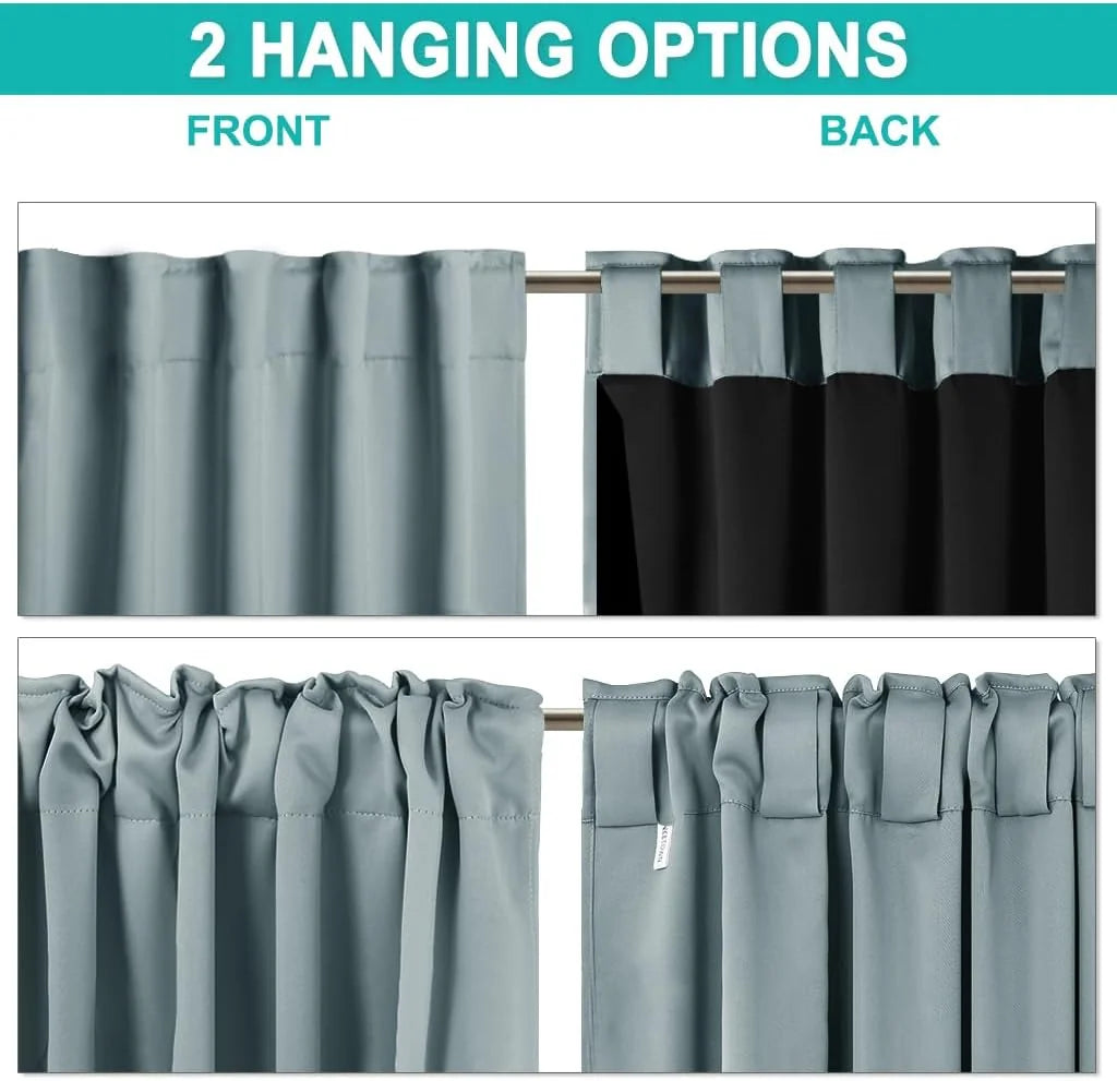 Blue blackout curtain panel showing front and back rod pocket hanging options