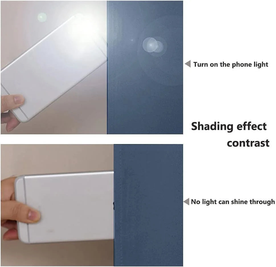 Hand holding phone flashlight behind blue blackout curtain showing light blocking effect