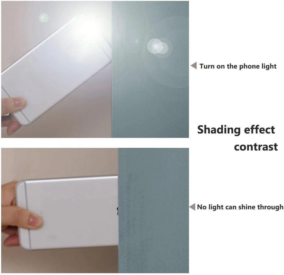 Blue blackout curtain blocks phone flashlight in side-by-side shading test