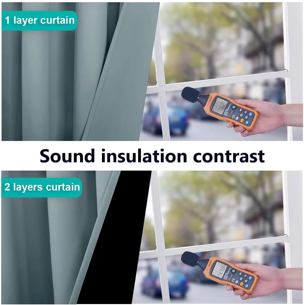 Blue curtain sound insulation comparison showing one-layer and two-layer panels by a window