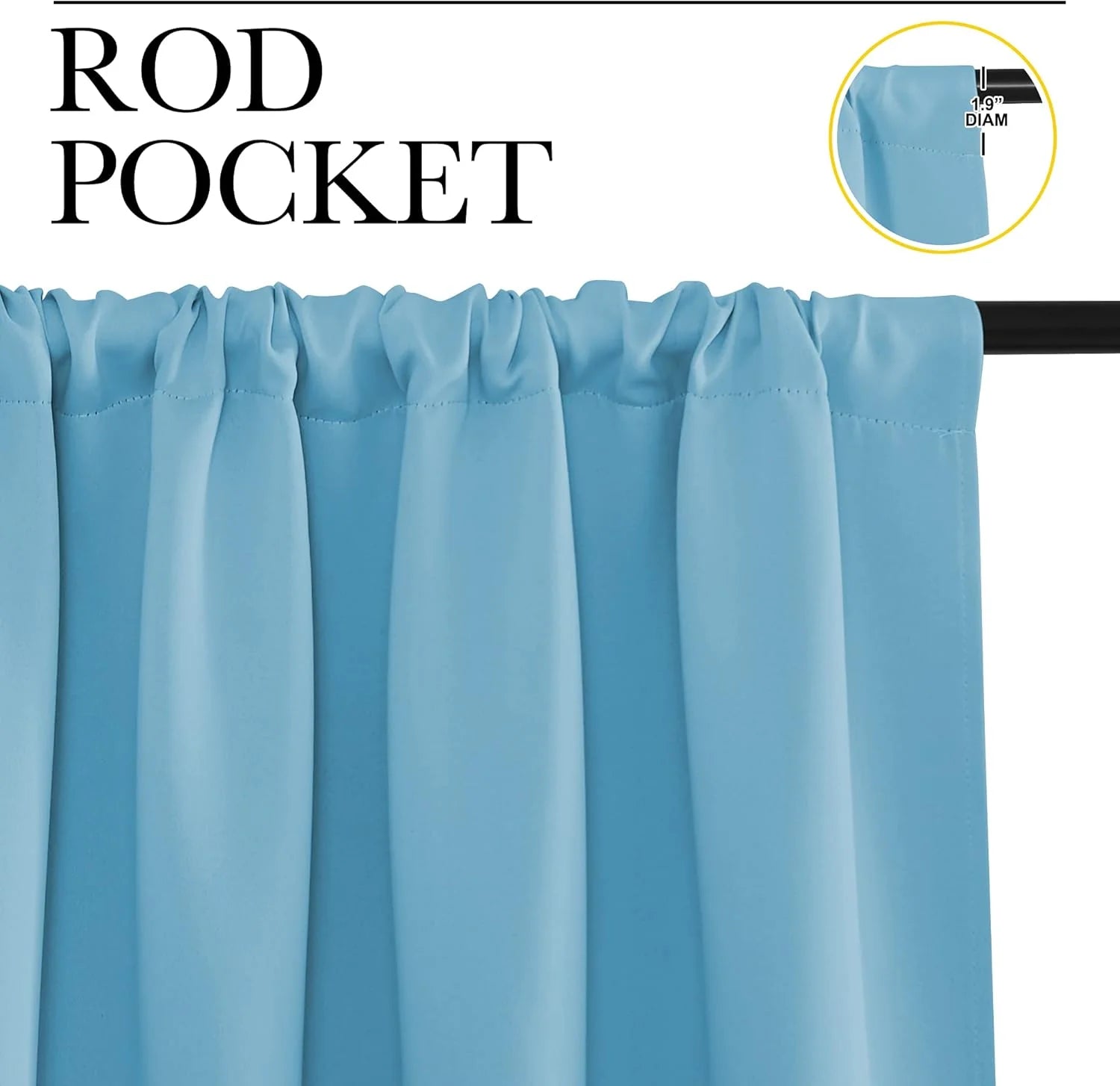 Light blue rod pocket curtain on black rod, showing 1.9-inch diameter detail