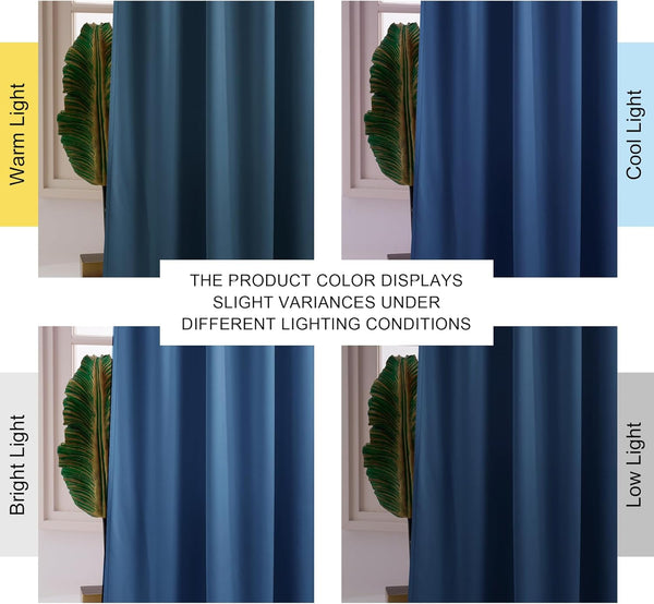 Blue curtain panel illustrating color appearance changes under warm, cool, bright, and low light.