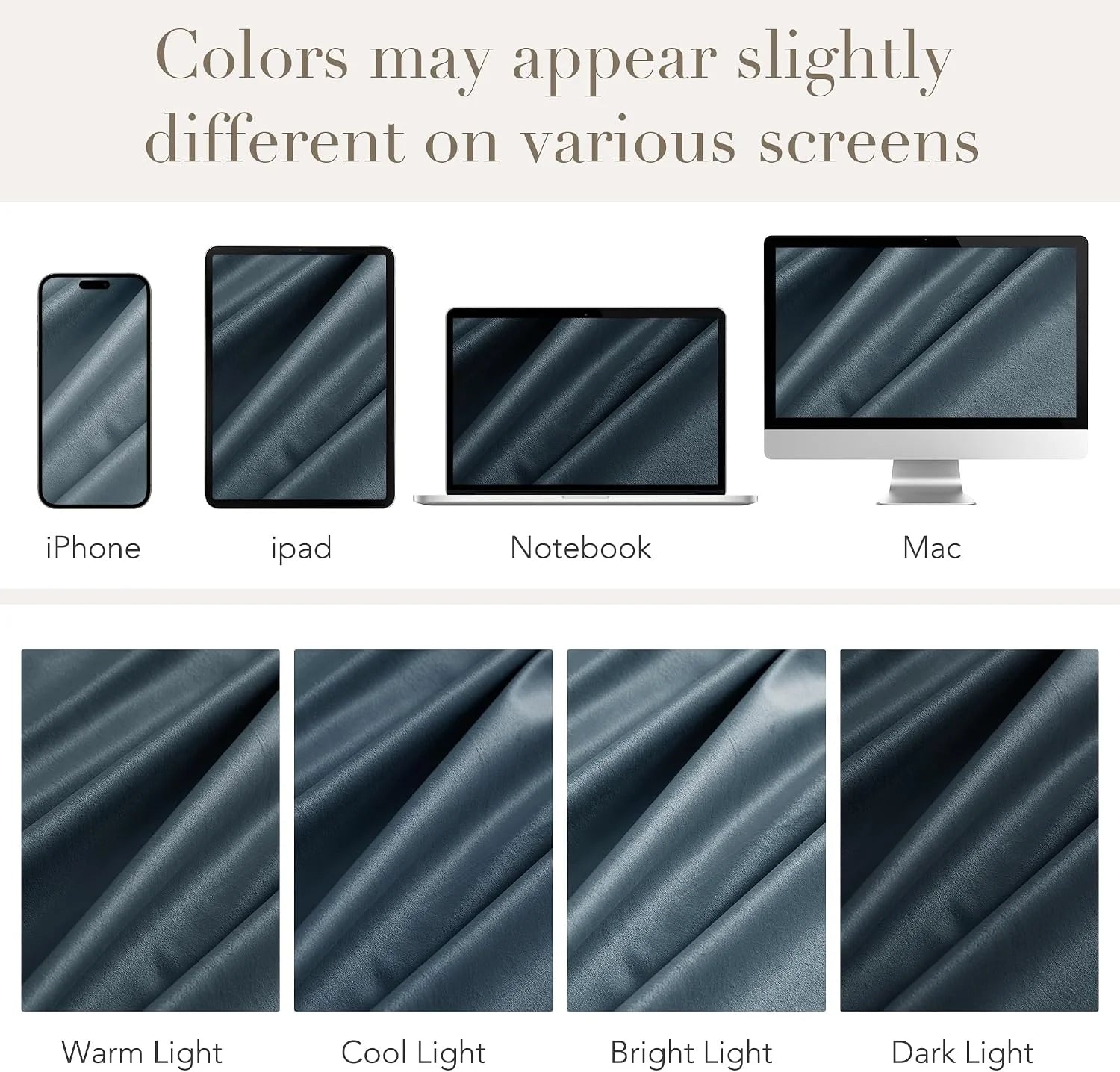 Blue faux leather swatch shown across phone, tablet, laptop and desktop screens in different lighting
